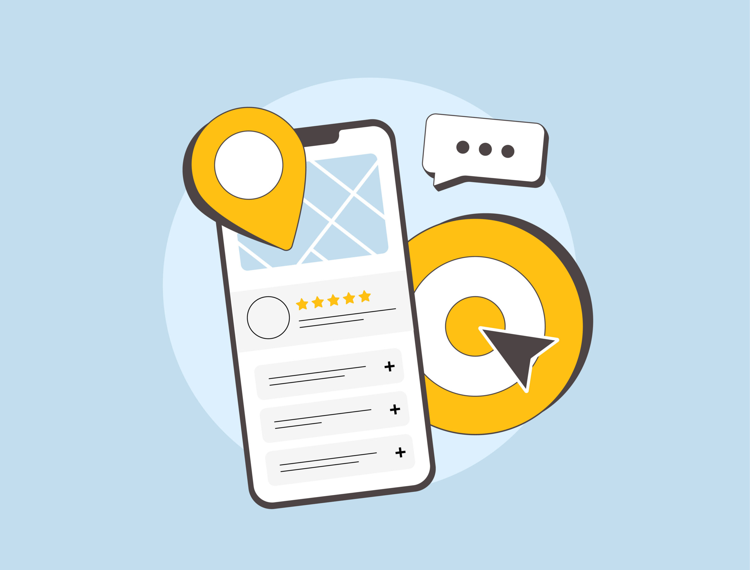 Illustration zum Thema Local Listings und lokale SEO: Ein Smartphone zeigt ein lokales Unternehmensprofil mit Sternebewertung. Ein Standort-Pin und eine Zielscheibe symbolisieren die gezielte Ansprache von Kunden in der Nähe.