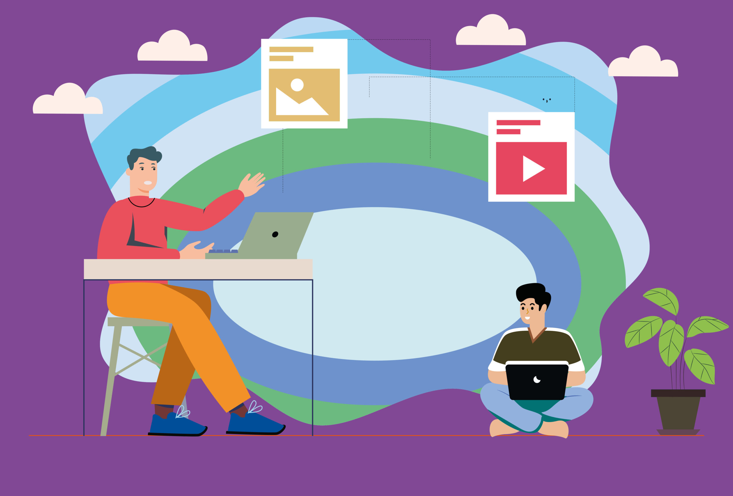 Illustriertes Bild: Zwei männliche Marketer arbeiten gemeinsam an Content-Strategien anhand von Zielgruppe und Persona.