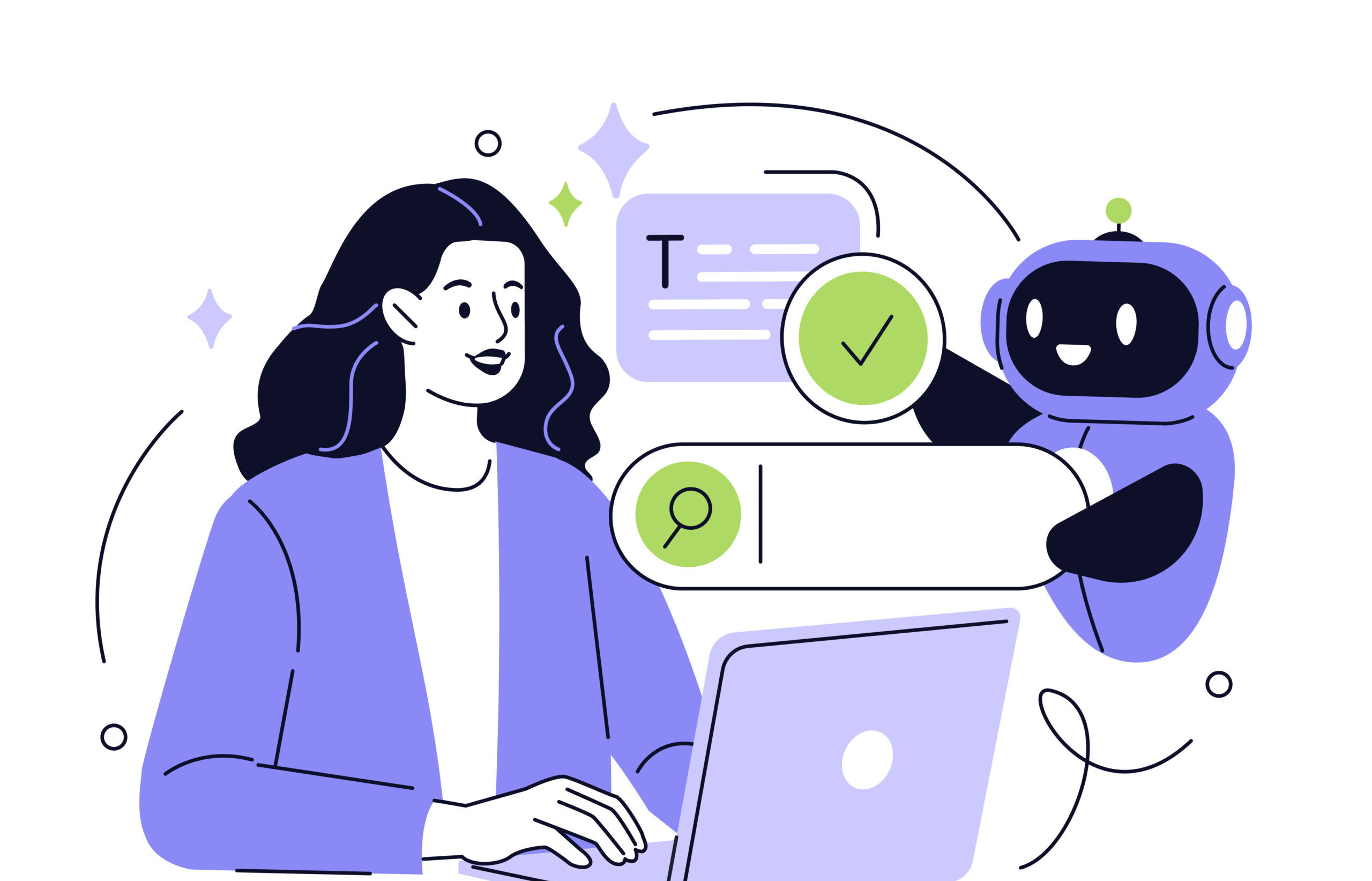 Illustration einer Frau am Laptop, die gemeinsam mit einem KI-Roboter Inhalte für Suchmaschinen analysiert – Symbolbild für moderne SEO-Strategien in Zeiten von ChatGPT, Google KI und Bing KI.
