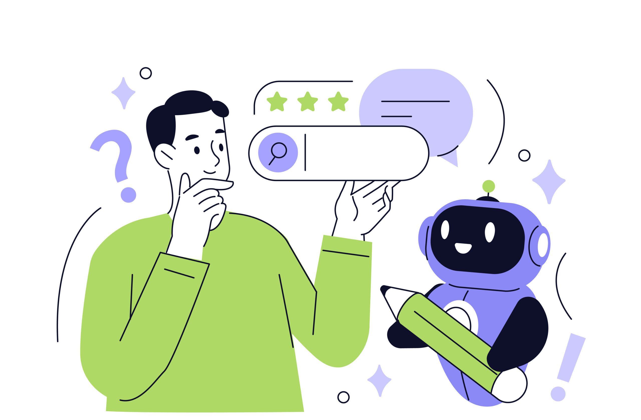 Illustration eines nachdenklichen Mannes neben einem KI-Roboter mit Stift. Symbolbild für die Rolle von Künstlicher Intelligenz bei der Suchanalyse und Content-Optimierung.