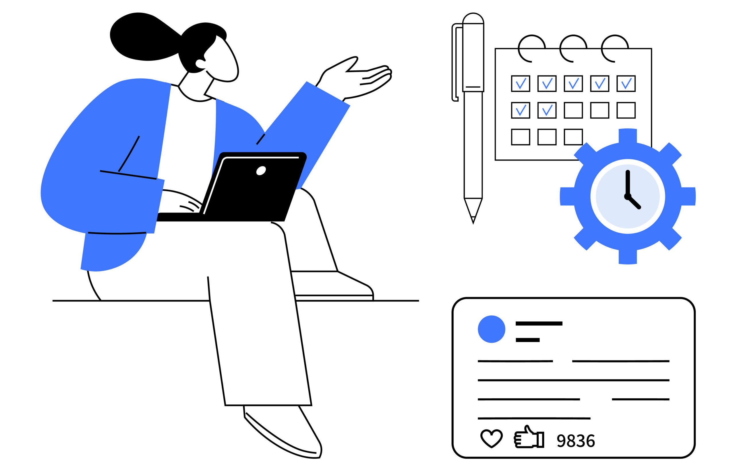 Illustration einer Frau mit Laptop, die in einer Planungsumgebung sitzt. Um sie herum: ein Kalender mit Häkchen, ein Zahnrad mit Uhr, ein Stift und ein Social-Media-Beitrag mit Likes. Symbolisiert effiziente Content-Planung, automatisiertes Posten und hohe Reichweite durch KI für Social-Media-Marketing.