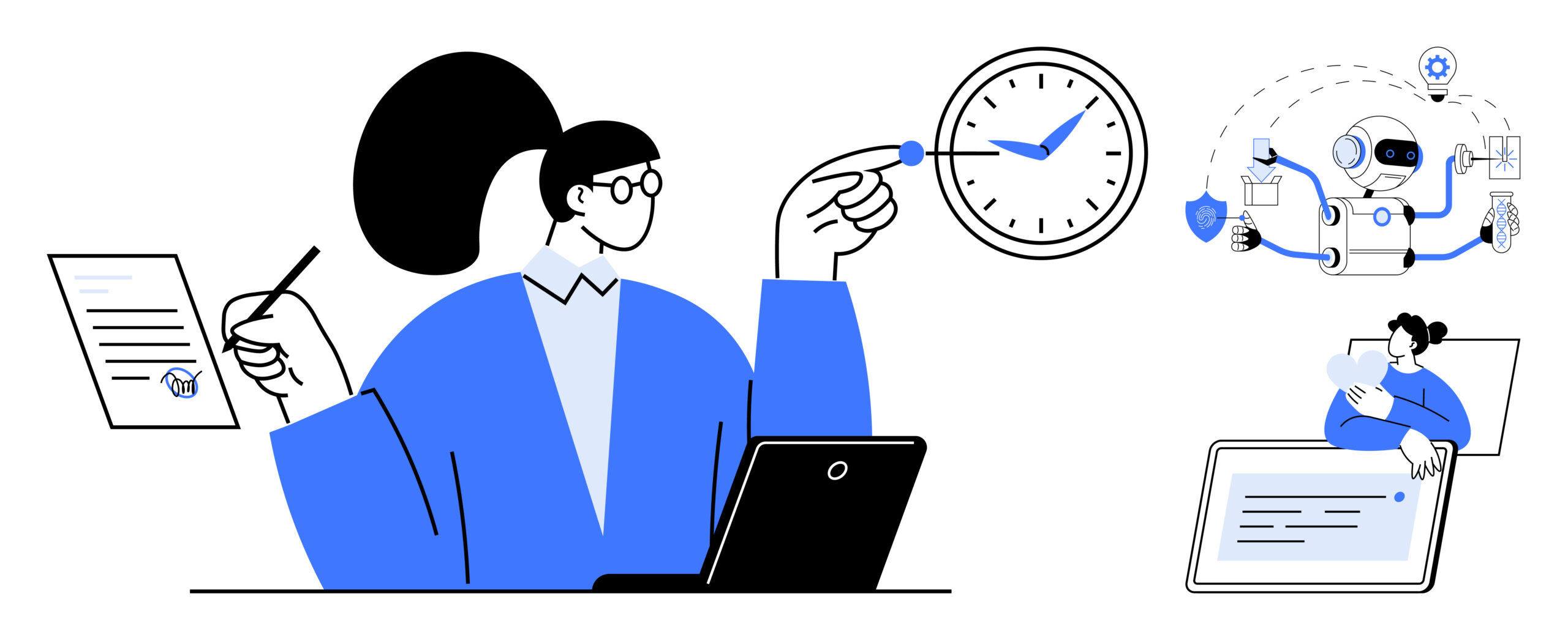 Illustration einer Geschäftsfrau, die mit Laptop und Dokumenten arbeitet, während sie auf eine Uhr zeigt. Symbolisiert Zeitersparnis durch KI. Rechts daneben: eine KI-Roboterfigur mit digitalen Tools und eine weitere Person vor einem großen Bildschirm. Darstellung von Automatisierung, Effizienz und KI-gestützter Unterstützung im Social-Media-Marketing für kleine und mittlere Unternehmen.