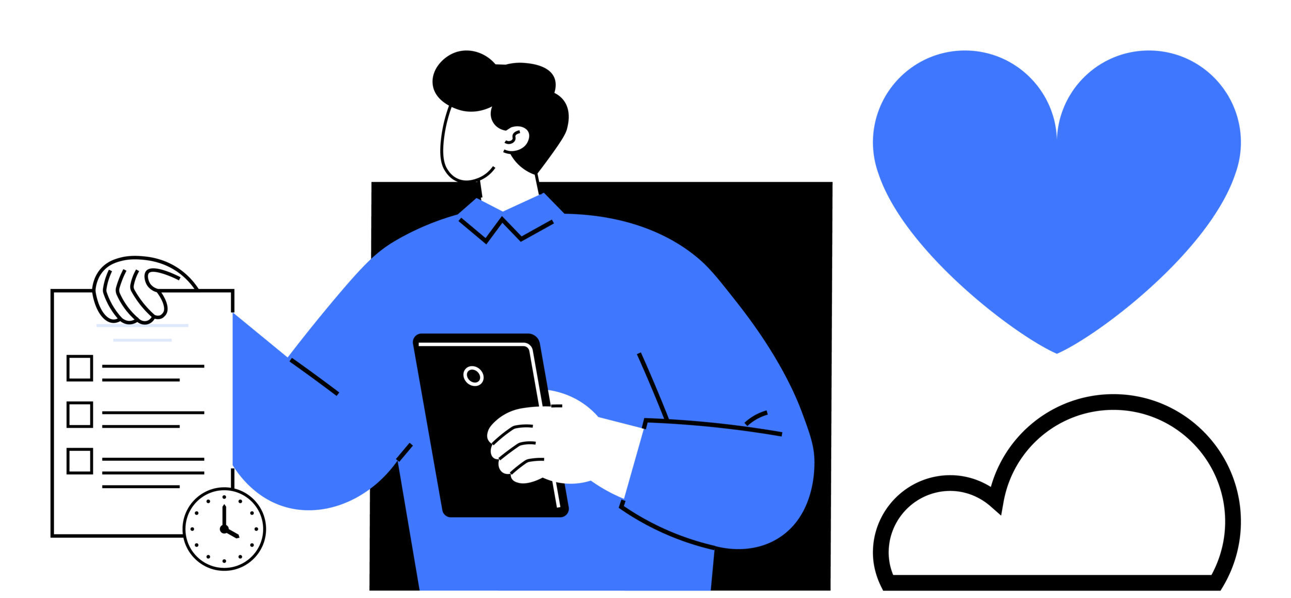Illustration eines Mannes mit Tablet, der eine Checkliste mit Uhrzeit hält. Daneben Symbole für ein Herz und eine Cloud. Visualisiert strukturierte Content-Planung, zeitliche Steuerung, Cloud-basierte Automatisierung und positive Resonanz auf Social Media mithilfe von KI-Automatisierung.