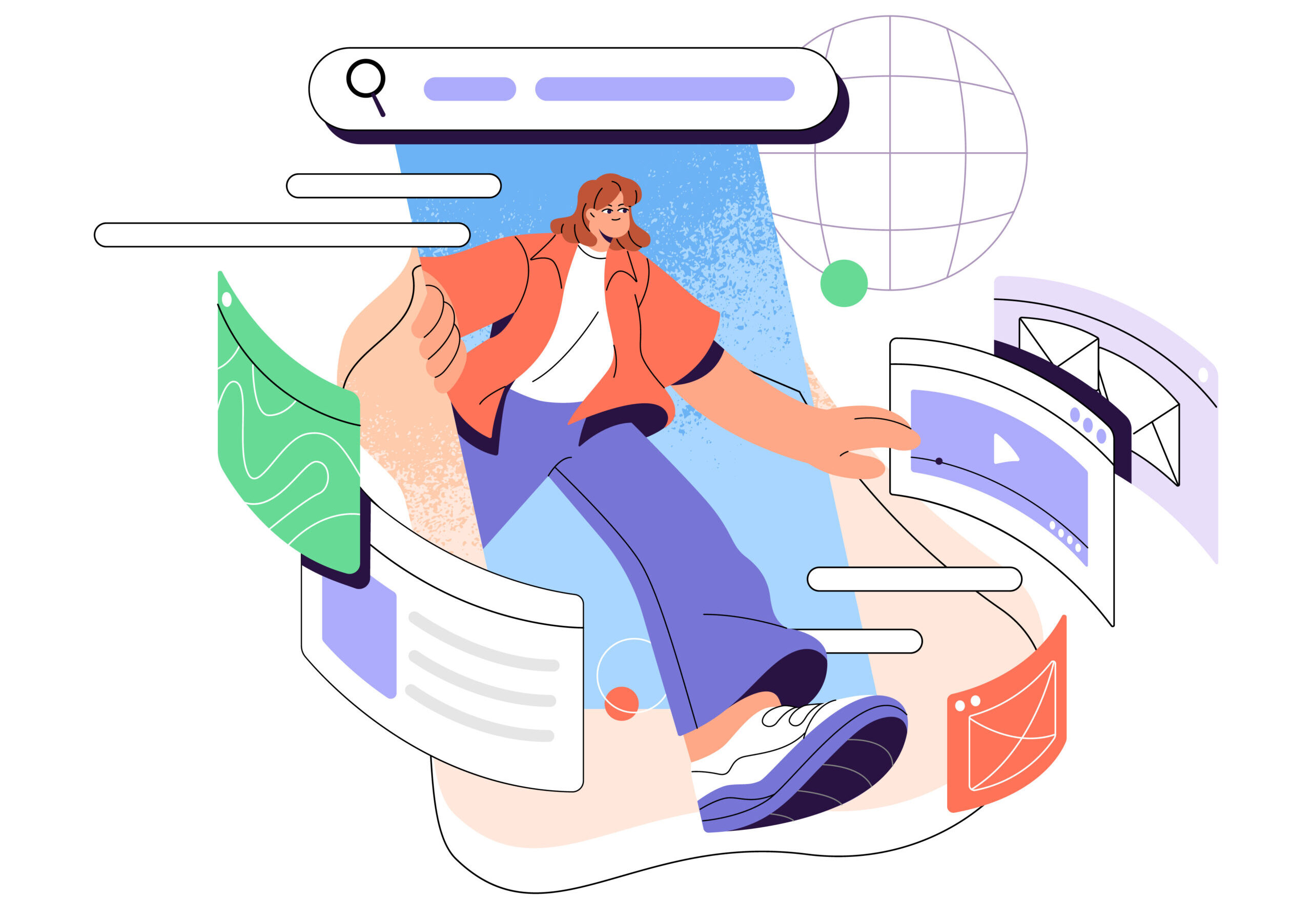 Illustration: Symbolbild für Local SEO: Frau nutzt mobile Suche mit Suchleiste und interaktiven Webelementen, steht für modernes Nutzerverhalten, lokale Suchanfragen und mobile Website-Optimierung.