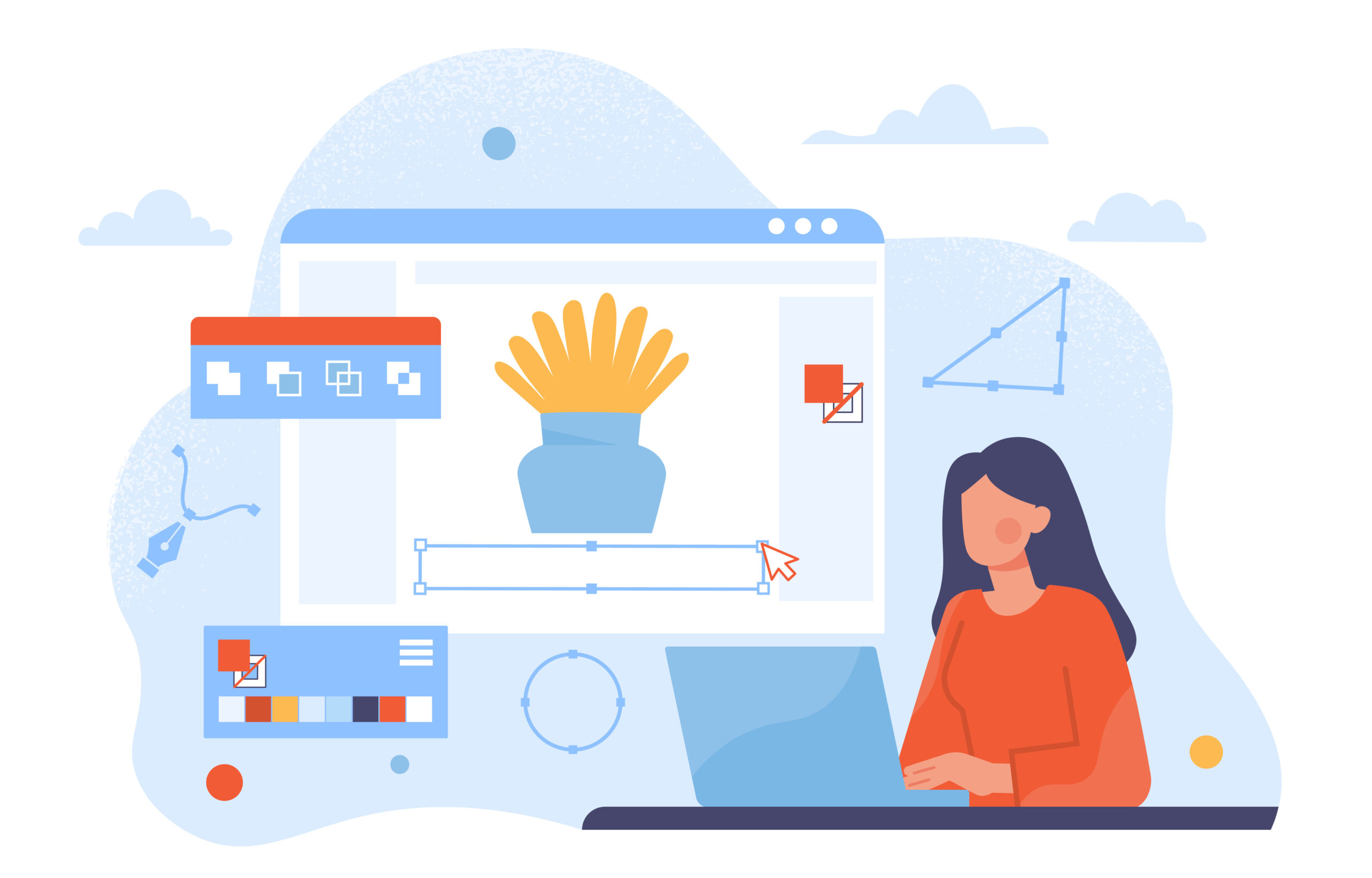 Eine Illustration zeigt eine Frau, die an einem Laptop sitzt und eine Website für ein kleines Unternehmen designt. Auf einem virtuellen Bildschirm werden Vektorgrafiken genutzt, um ein ansprechendes, responsives und nutzerfreundliches Webdesign für Unternehmen zu erstellen.