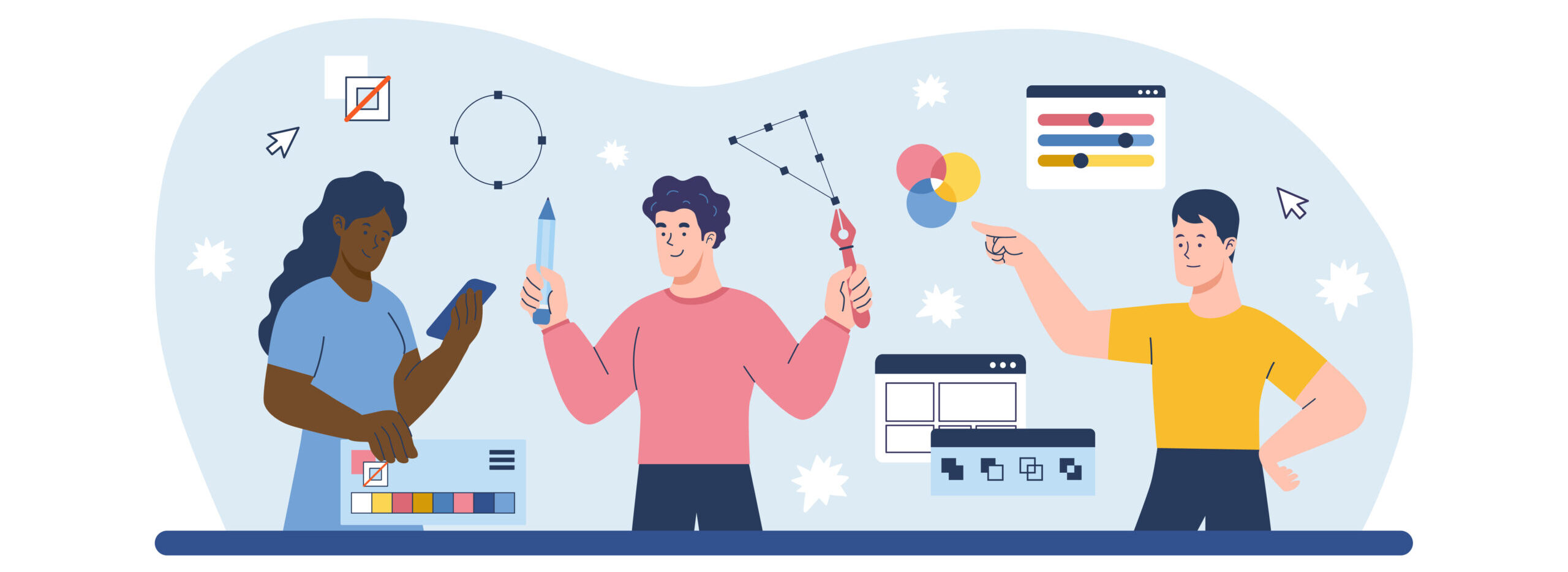 Eine Illustration zeigt drei Personen, die gemeinsam an der Erstellung einer professionellen Website für ein kleines oder mittleres Unternehmen (KMU) arbeiten. Sie verwenden Design- und Entwicklungswerkzeuge, um die Benutzerfreundlichkeit (Usability), das Website-Design und die technische und grafische Umsetzung zu planen.