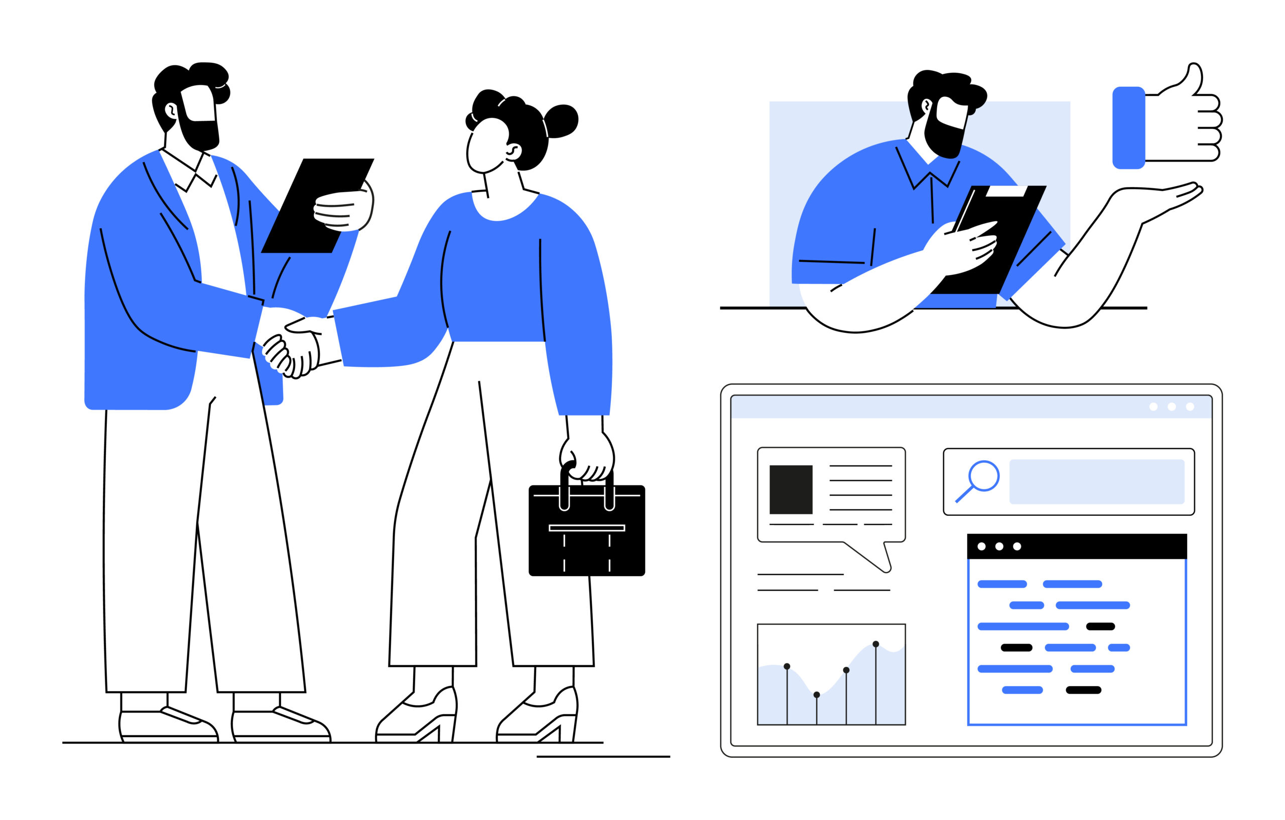 Zwei Geschäftspersonen geben sich die Hand, Symbol für Kundengewinnung. Daneben eine Person mit Tablet zeigt einen Daumen-hoch als Zeichen für Kundenzufriedenheit; darunter ein Dashboard mit Suchleiste, Diagrammen und Textfenstern zur Analyse und Optimierung der Customer Journey.