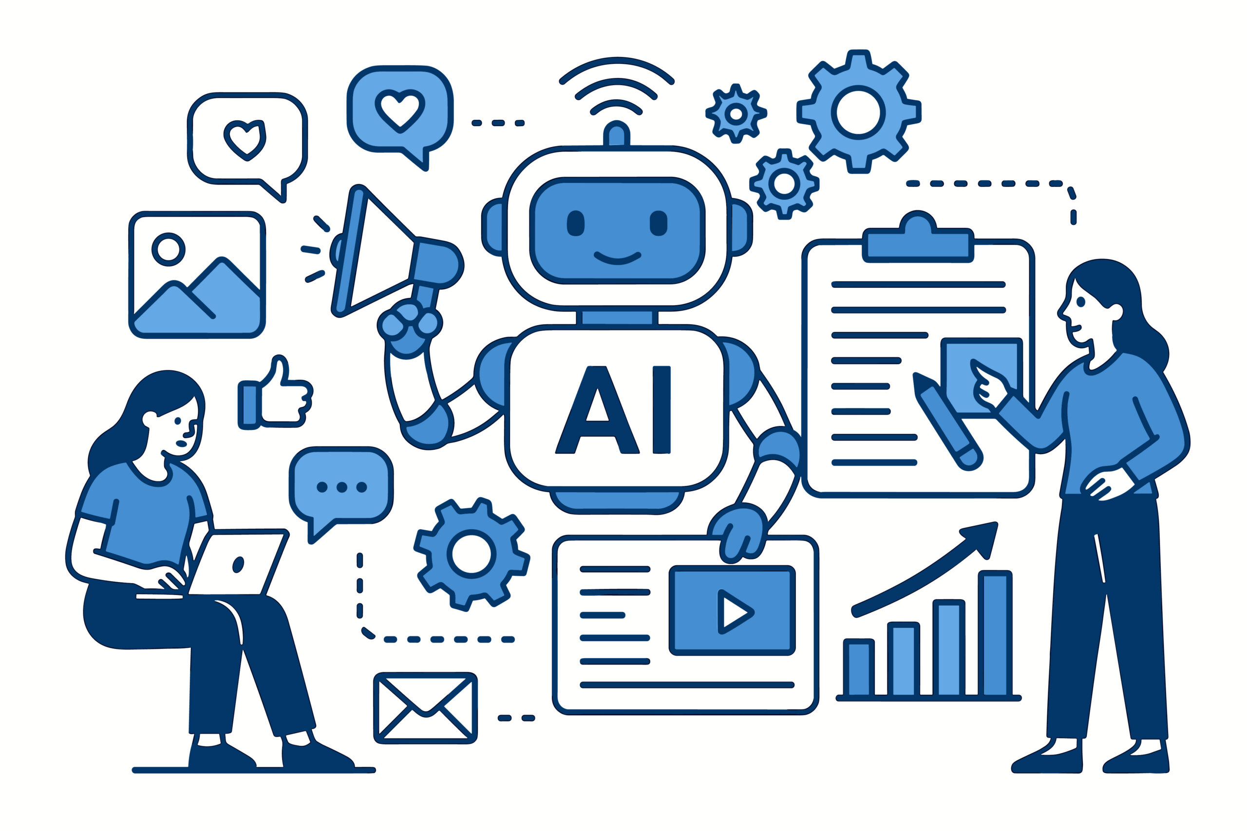 Zwei Social Media Manager arbeiten mit der KI. Geben ihr strategischen Input um den bestmöglichen Content zu planen und erstellen. Symbolbild dafür, dass die KI nur ein Werkzeug ist und kein Ersatz zum Experten.
