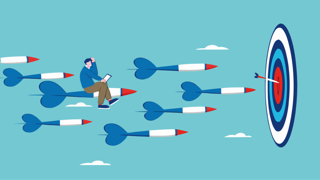 Ein Geschäftsmann fliegt auf einem Pfeil fokussiert in Richtung einer Zielscheibe, was die präzise Zielerreichung durch die SMART-Methode symbolisiert.