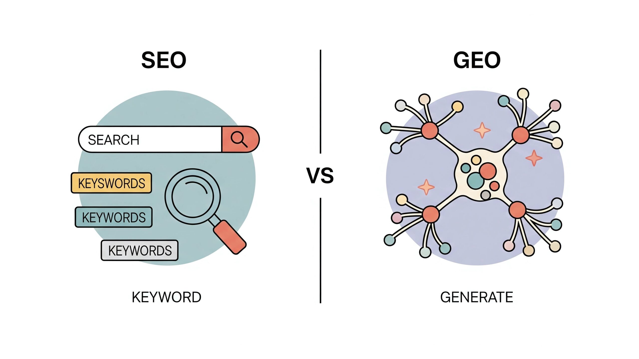 Infografik, die den Unterschied zwischen SEO und GEO visualisiert: SEO wird durch eine keyword-basierte Suchleiste dargestellt, während GEO als vernetzte, neuronale Struktur symbolisiert wird, die Informationen generiert.
