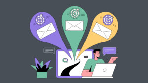 Ein Marketing-Experte am Laptop führt zielgerichtetes E-Mail-Marketing für ein KMU durch, wobei E-Mails wie Pfeile auf Zielscheiben treffen.