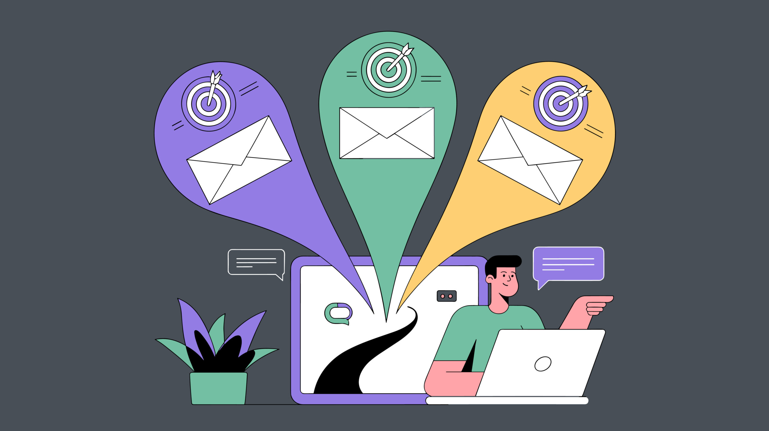 Ein Marketing-Experte am Laptop führt zielgerichtetes E-Mail-Marketing für ein KMU durch, wobei E-Mails wie Pfeile auf Zielscheiben treffen.
