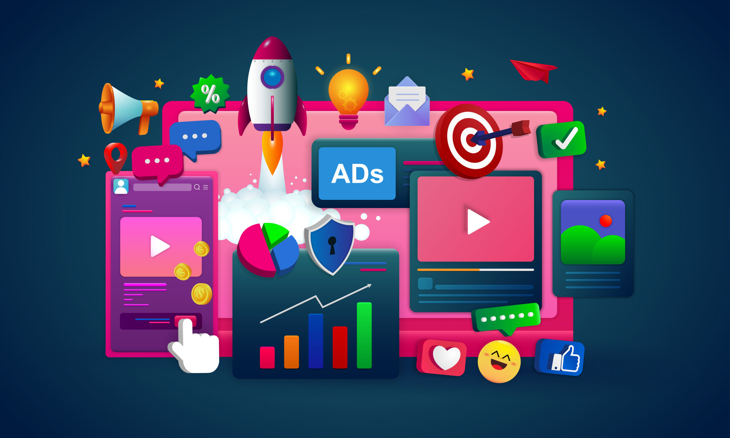 Bunte 3D-Illustration diverser Online Marketing Tools und Maßnahmen: Symbole für Social Media, Ads, Video, SEO-Analyse und Zielgruppen-Targeting.