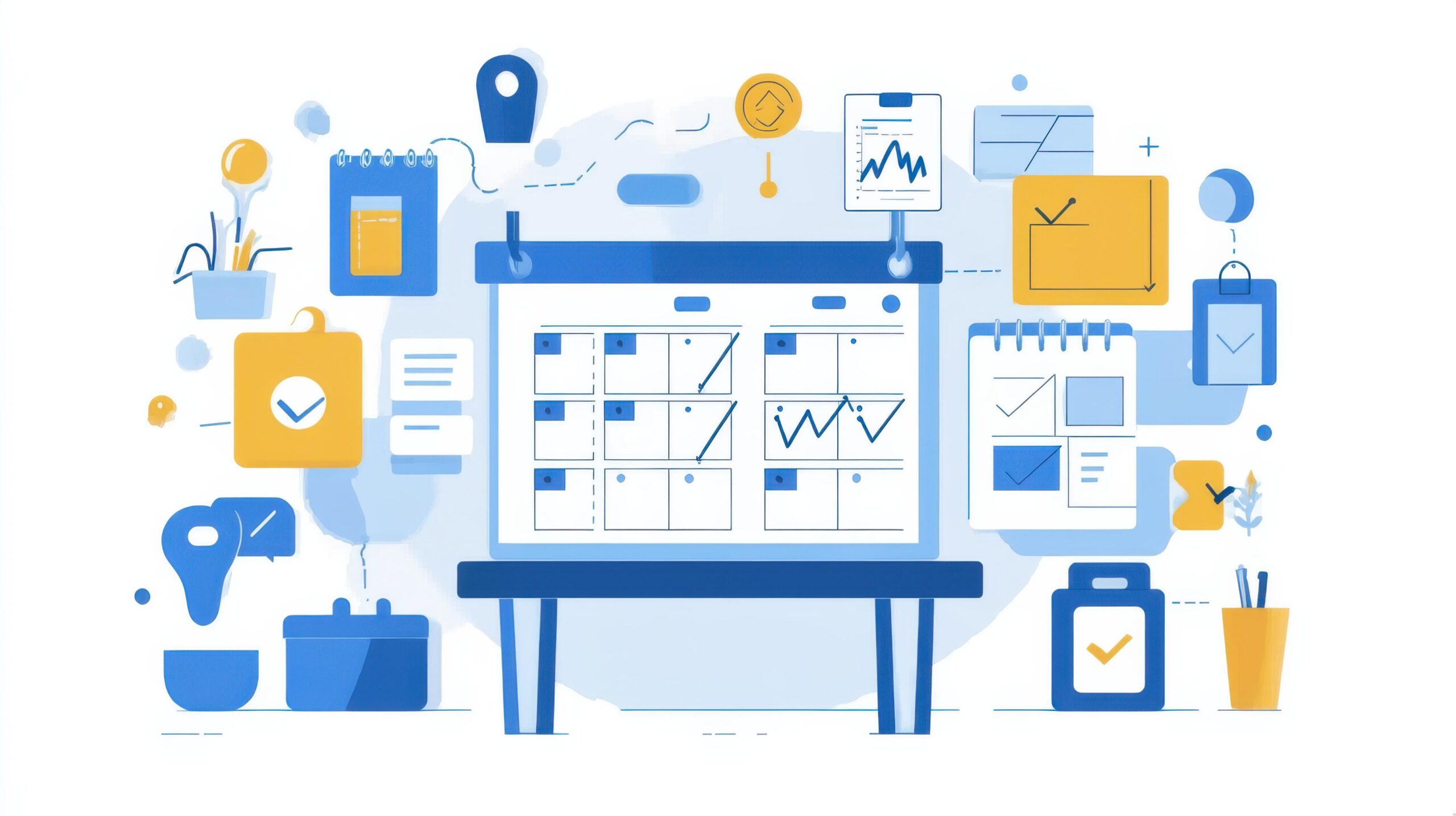 Grafische Illustration eines Projektmanagement-Boards mit Aufgabenlisten, Zeitplänen und Analyse-Tools in Blau und Gelb, symbolisch für agile und klassische Planung in KMU.