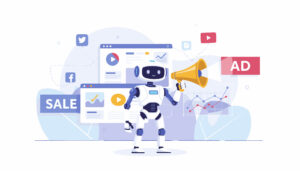 Konzeptgrafik zur Marketing-Automatisierung: Ein Roboter steuert digitale Werbeanzeigen, Verkaufsaktionen und die Analyse von Social-Media-Daten über verschiedene Plattformen hinweg.