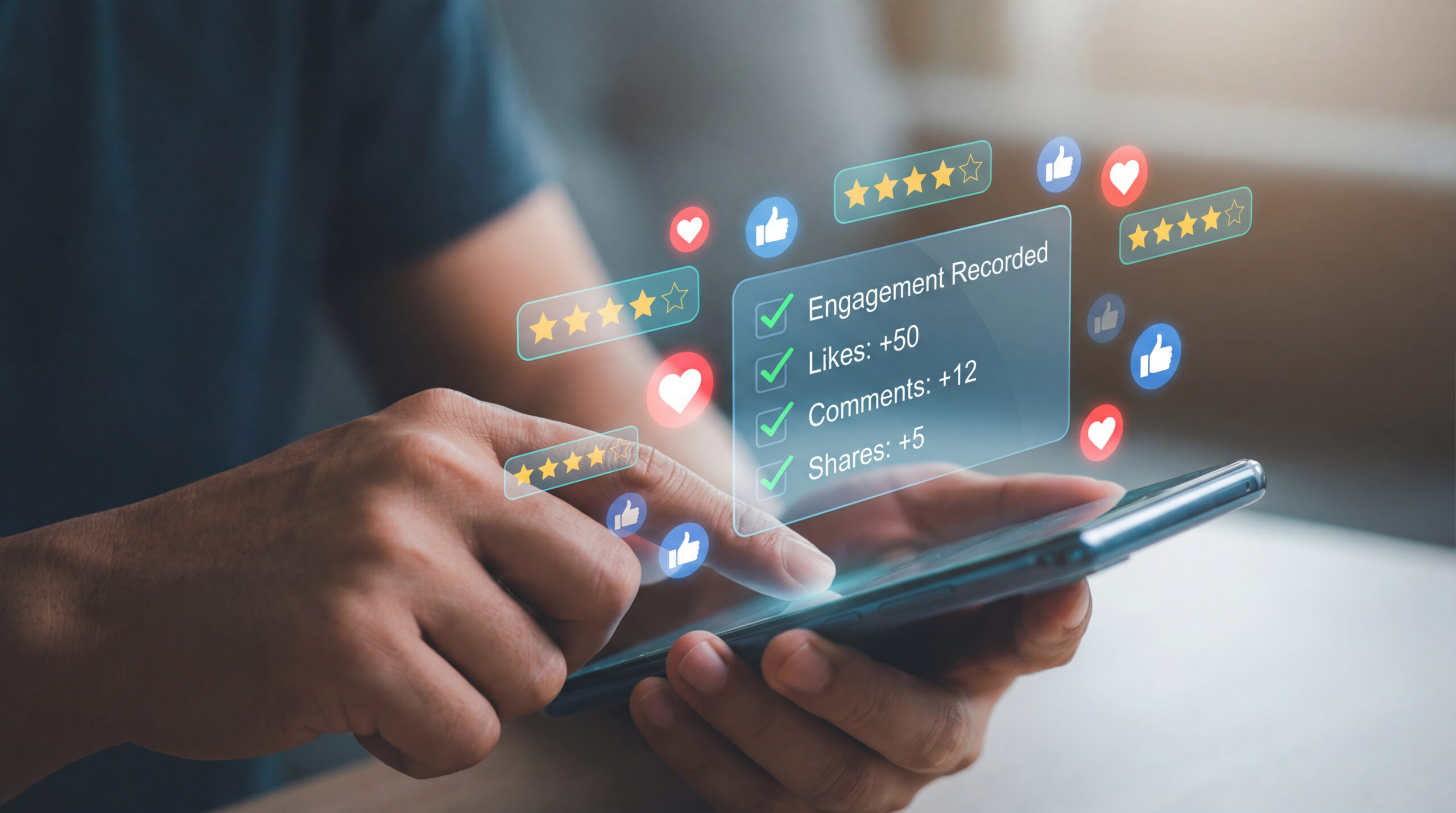 Person bedient ein Smartphone, während eingeblendete Symbole für Likes, Kommentare, Bewertungen und Interaktionen die Reichweite und das Engagement in sozialen Medien darstellen. Das Bild veranschaulicht die Bedeutung professioneller Social-Media-Kommunikation für Unternehmen und passt zum Thema „Seriös oder Lachnummer: Social Media für Unternehmen“.