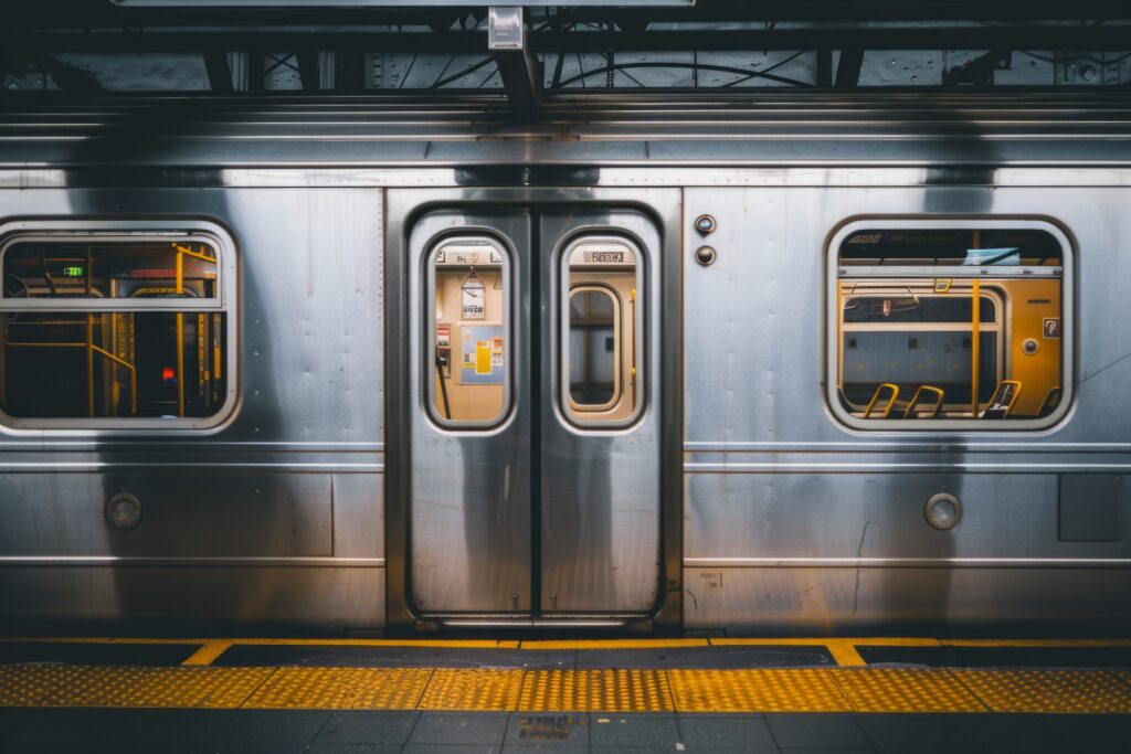 Ein silberner U-Bahn-Wagen an einem Bahnsteig – ein klassischer Ort für analoge Außenwerbung und Plakatwerbung im öffentlichen Raum im Vergleich zu digitalen Werbebannern.